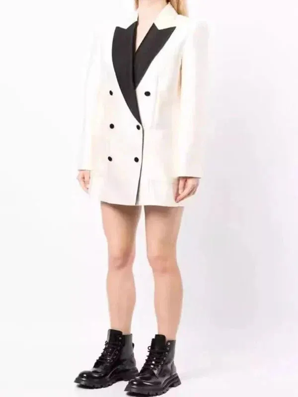 Wenkouban-Winter outfits Christmas Black Friday Contrast Notched White Double Breasted Blazer