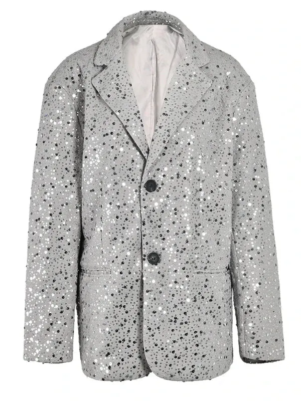 Wenkouban-Winter outfits Christmas Black Friday Notched Collar Two Buttons Oversized Sequin Cocktail Blazer