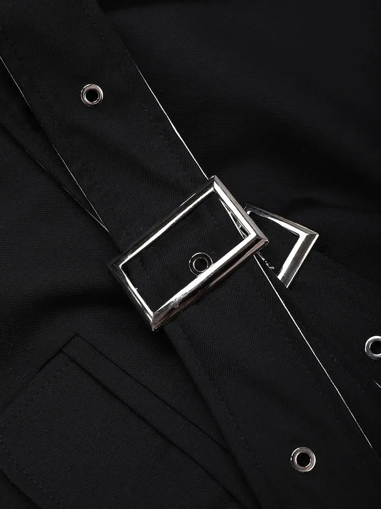 Wenkouban-Winter outfits Christmas Black Friday White Patchwork Lapel Double Belt Black Jacket