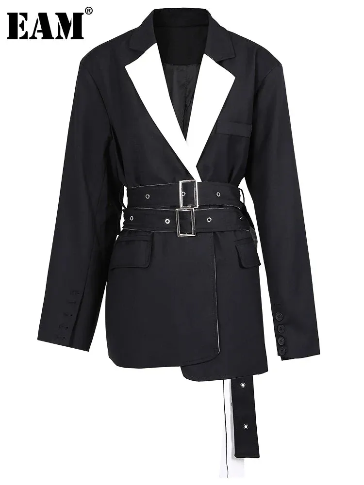 Wenkouban-Winter outfits Christmas Black Friday White Patchwork Lapel Double Belt Black Jacket