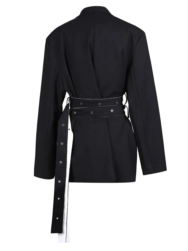 Wenkouban-Winter outfits Christmas Black Friday White Patchwork Lapel Double Belt Black Jacket