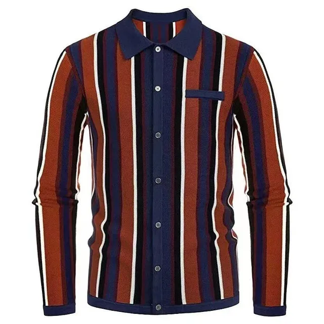 Wiaofellas  -  Men Long Sleeve Slim Knit POLO Shirt Fashion Turn-down Collar Striped Cardigan Top Spring Autumn Ice Silk Sweater T-shirt