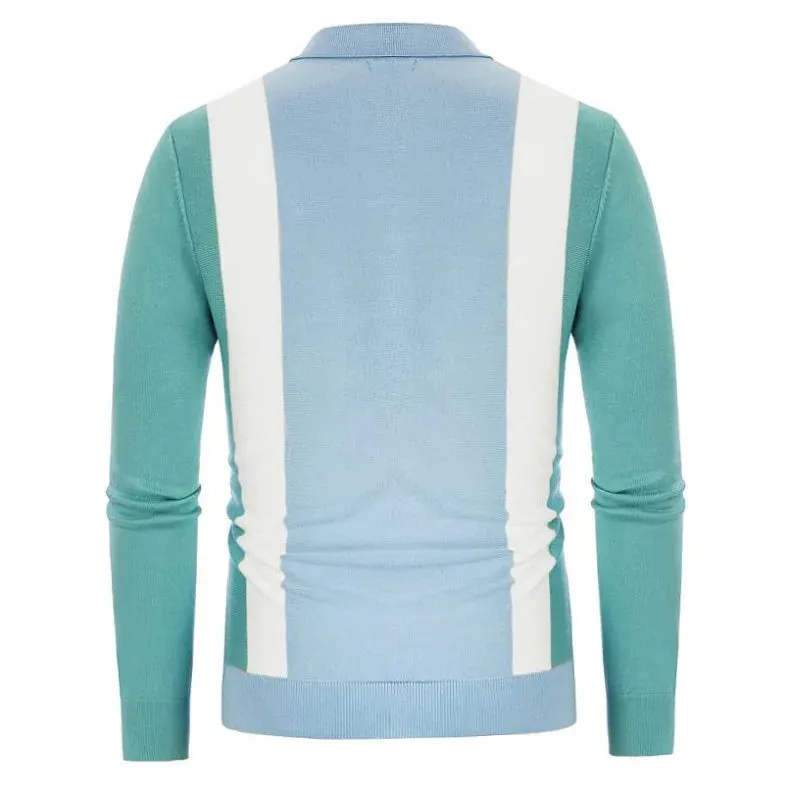 Wiaofellas  -  Men Long Sleeve Slim Knit POLO Shirt Fashion Turn-down Collar Striped Cardigan Top Spring Autumn Ice Silk Sweater T-shirt