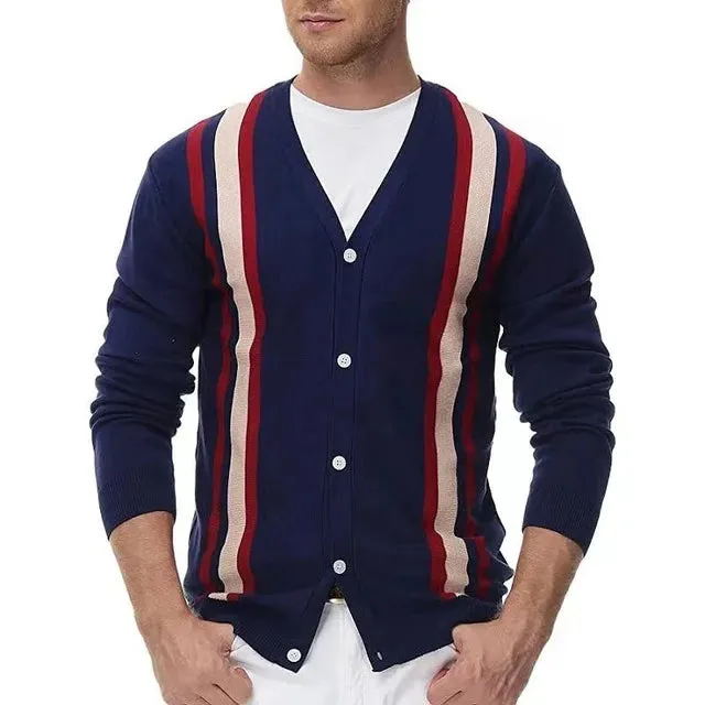 Wiaofellas  -  Men Long Sleeve Slim Knit POLO Shirt Fashion Turn-down Collar Striped Cardigan Top Spring Autumn Ice Silk Sweater T-shirt