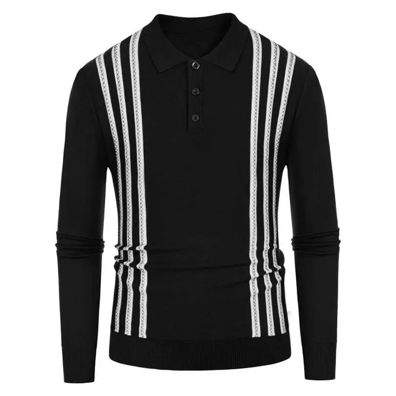 Wiaofellas  -  Men Long Sleeve Slim Knit POLO Shirt Fashion Turn-down Collar Striped Cardigan Top Spring Autumn Ice Silk Sweater T-shirt