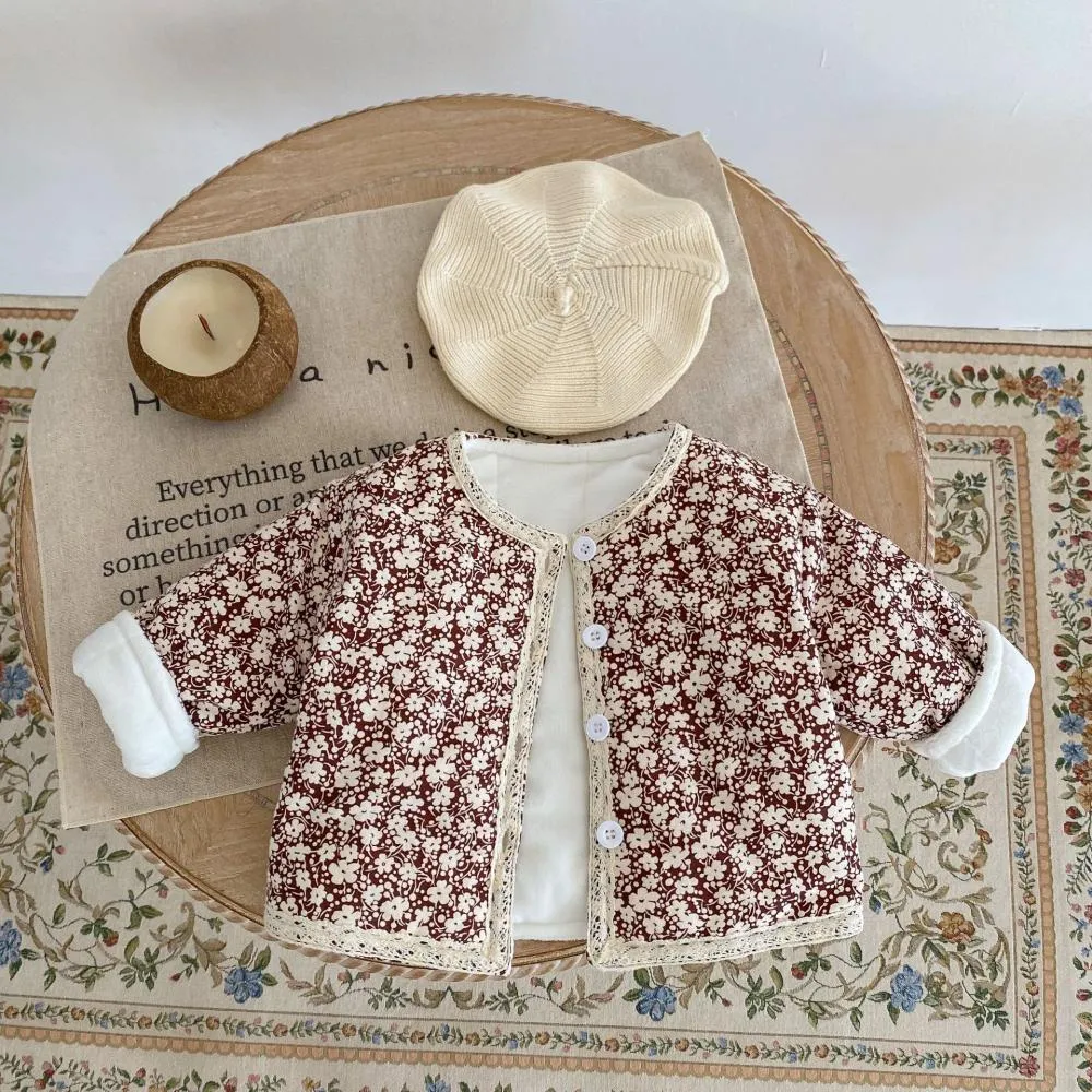 Winter Baby Girl Thickened Lace Floral Quilted Cardigan Jacket Wholesale Girls Clothes