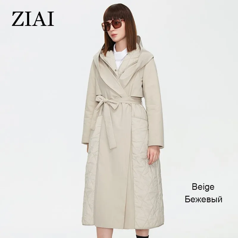 Wjczt 2022 Women Autumn Quilted Jacket Female Long Thin Cotton Trench Coat Hooded Hidden Button Belt Elegant Windbreakers ZM-7285