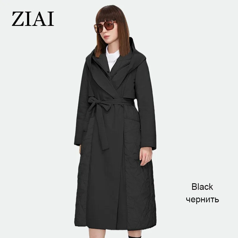 Wjczt 2022 Women Autumn Quilted Jacket Female Long Thin Cotton Trench Coat Hooded Hidden Button Belt Elegant Windbreakers ZM-7285