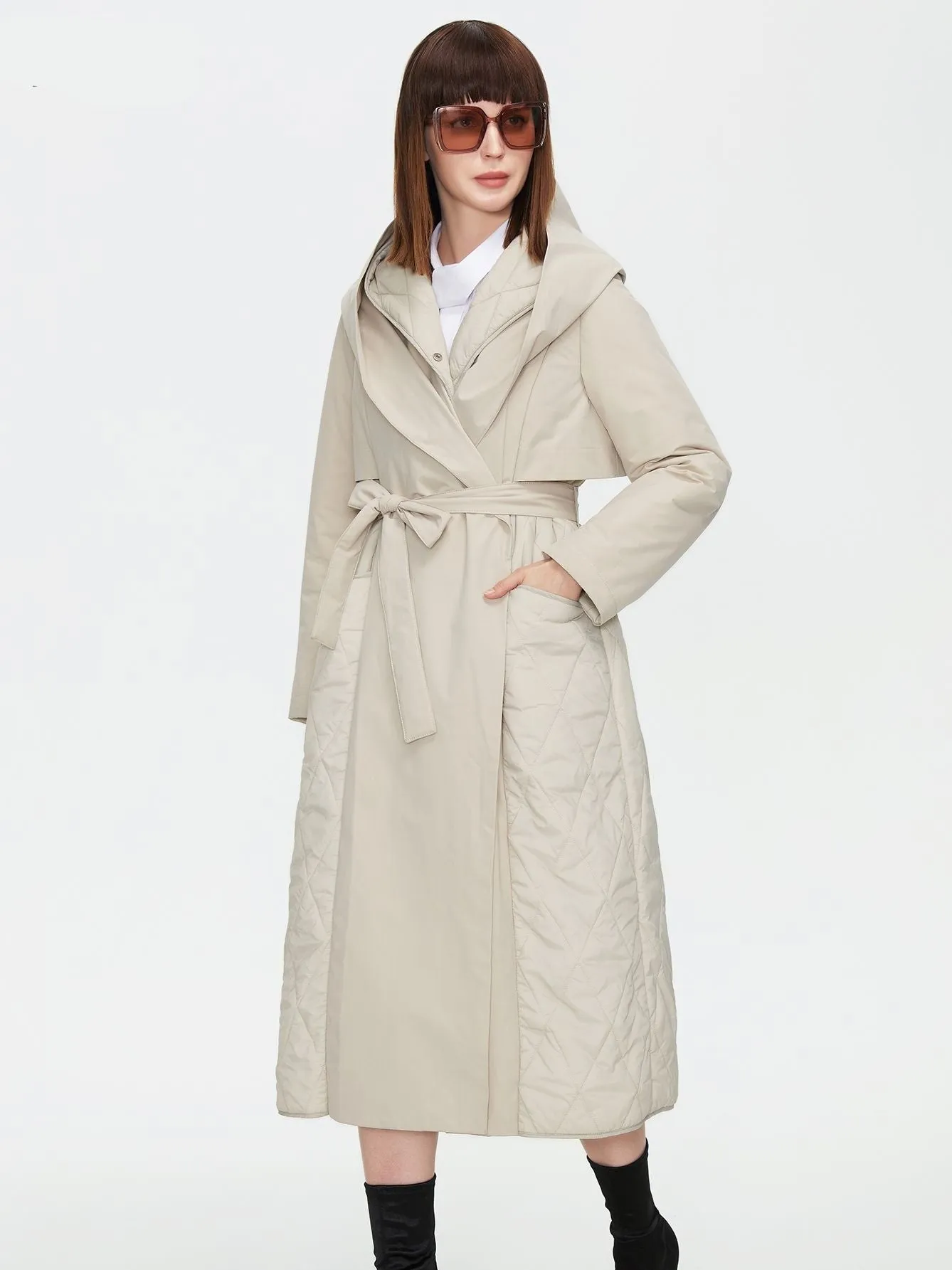 Wjczt 2022 Women Autumn Quilted Jacket Female Long Thin Cotton Trench Coat Hooded Hidden Button Belt Elegant Windbreakers ZM-7285