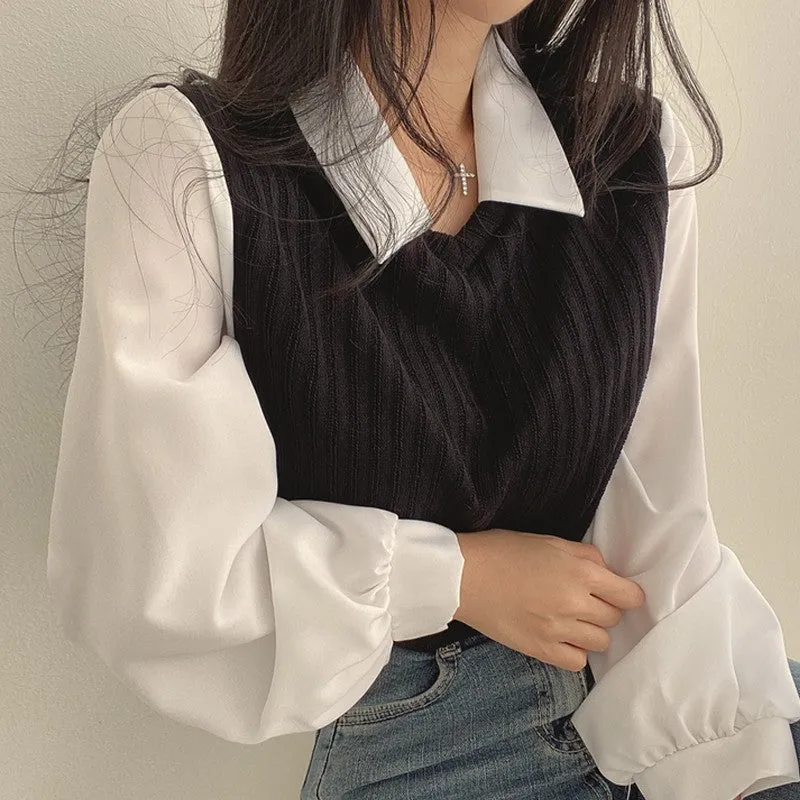 Wjczt outfit Fake Two-Piece T-shirt for Women 2024 New Stitching Polo Collar Long-Sleeved Sweater Chubby Girl Loose Contrast Color All-Match Top Fashion