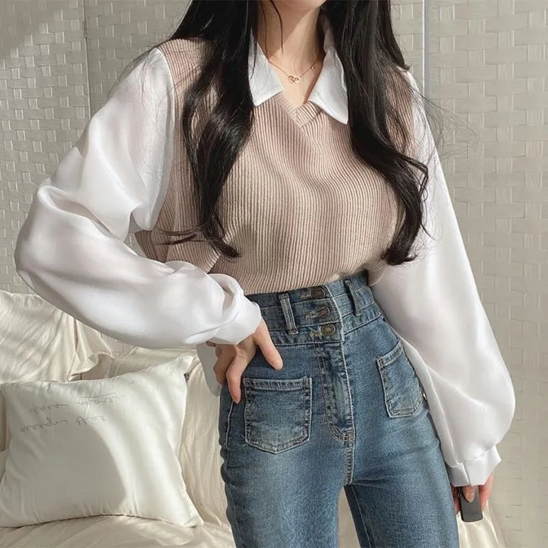 Wjczt outfit Fake Two-Piece T-shirt for Women 2024 New Stitching Polo Collar Long-Sleeved Sweater Chubby Girl Loose Contrast Color All-Match Top Fashion