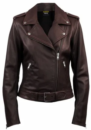 Women Biker Leather Jacket Dark Brown