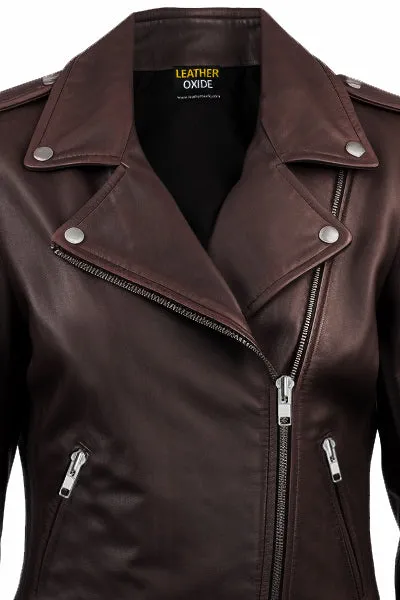 Women Biker Leather Jacket Dark Brown