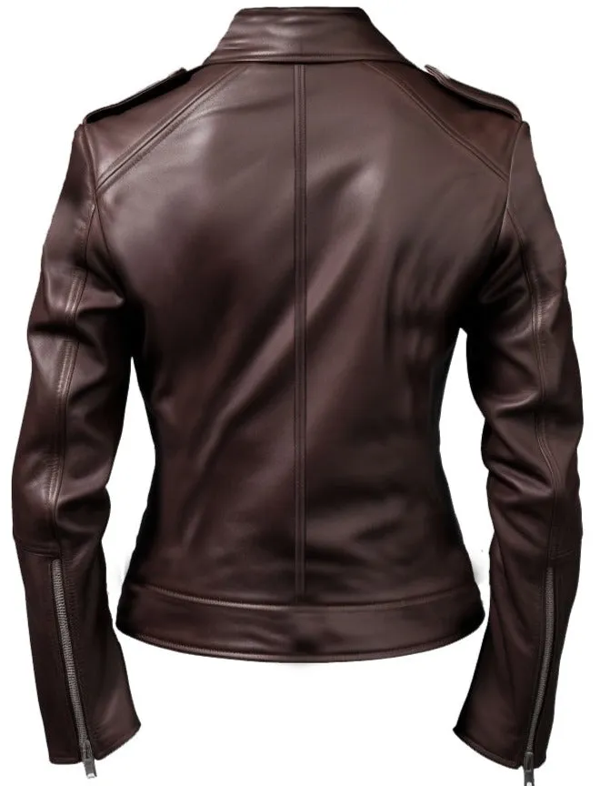 Women Biker Leather Jacket Dark Brown