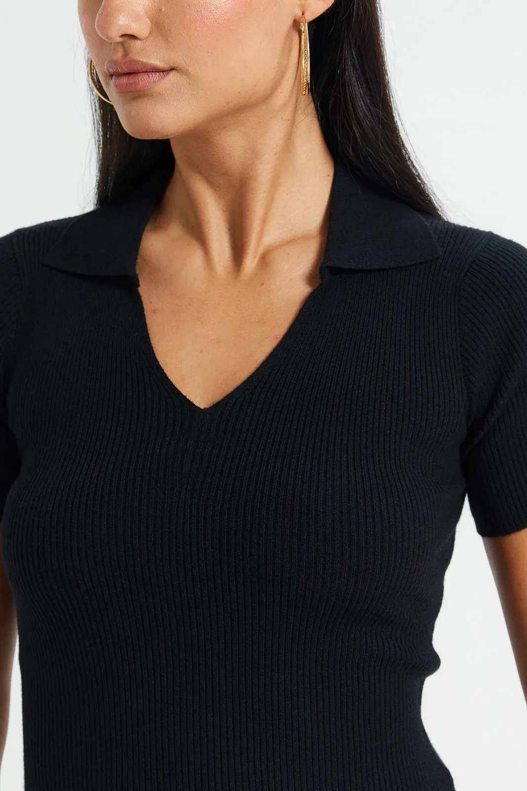 Women Black Short-Sleeved Sweater Polo