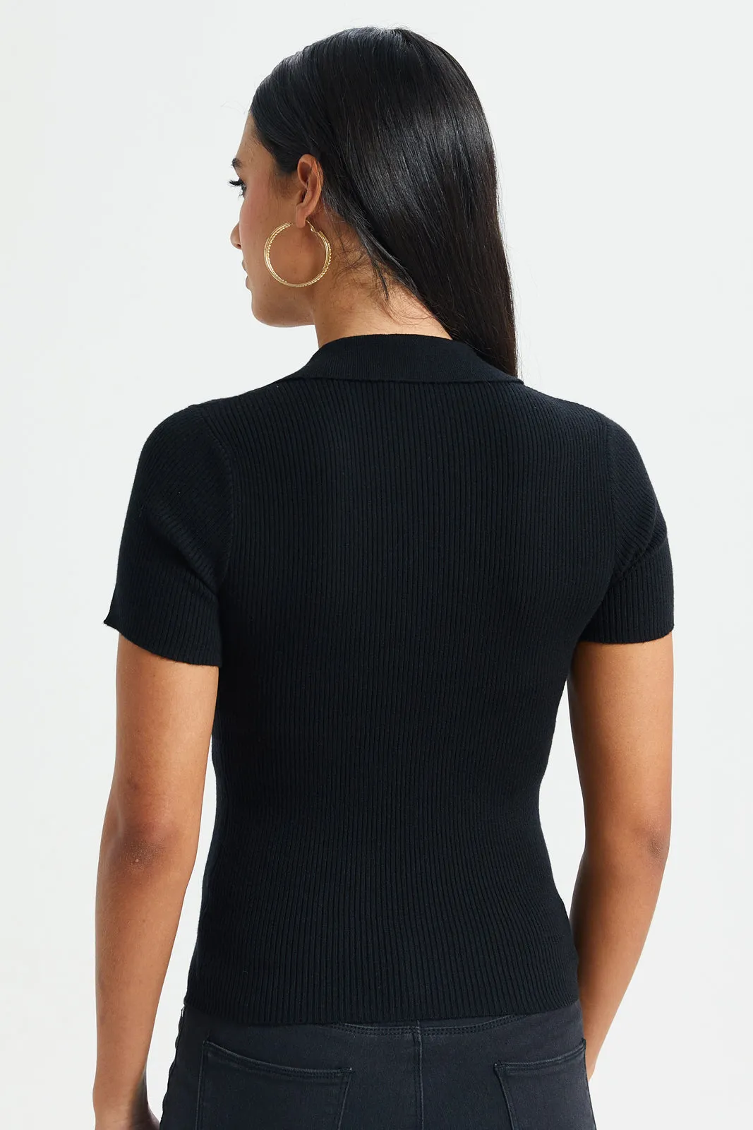 Women Black Short-Sleeved Sweater Polo