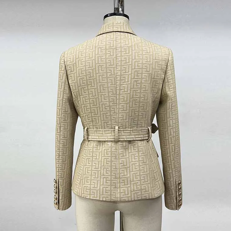 Women Double Breasted Gold Embossed Buttons belted Khaki blazer