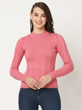 Women Slim Fit Blush Pink Ribbed Sweater