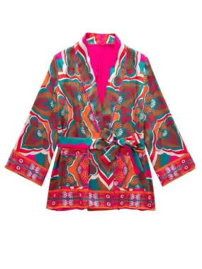 women's autumn belted printed short kimono jacket dress