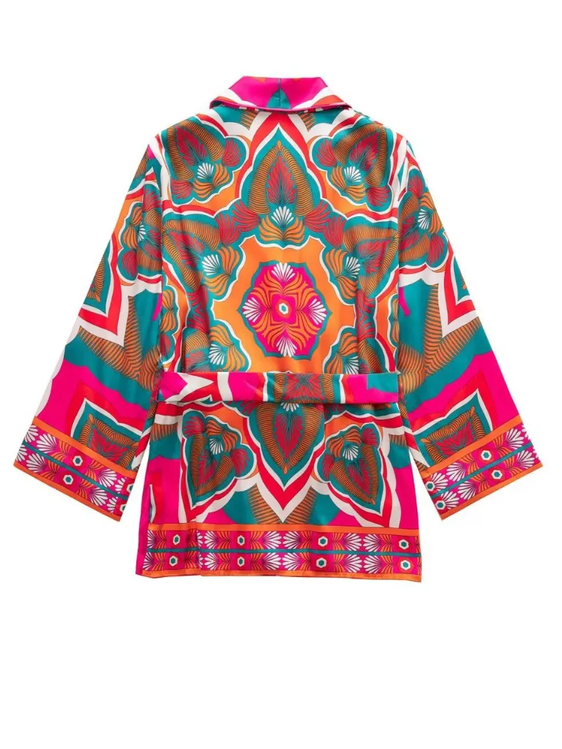 women's autumn belted printed short kimono jacket dress