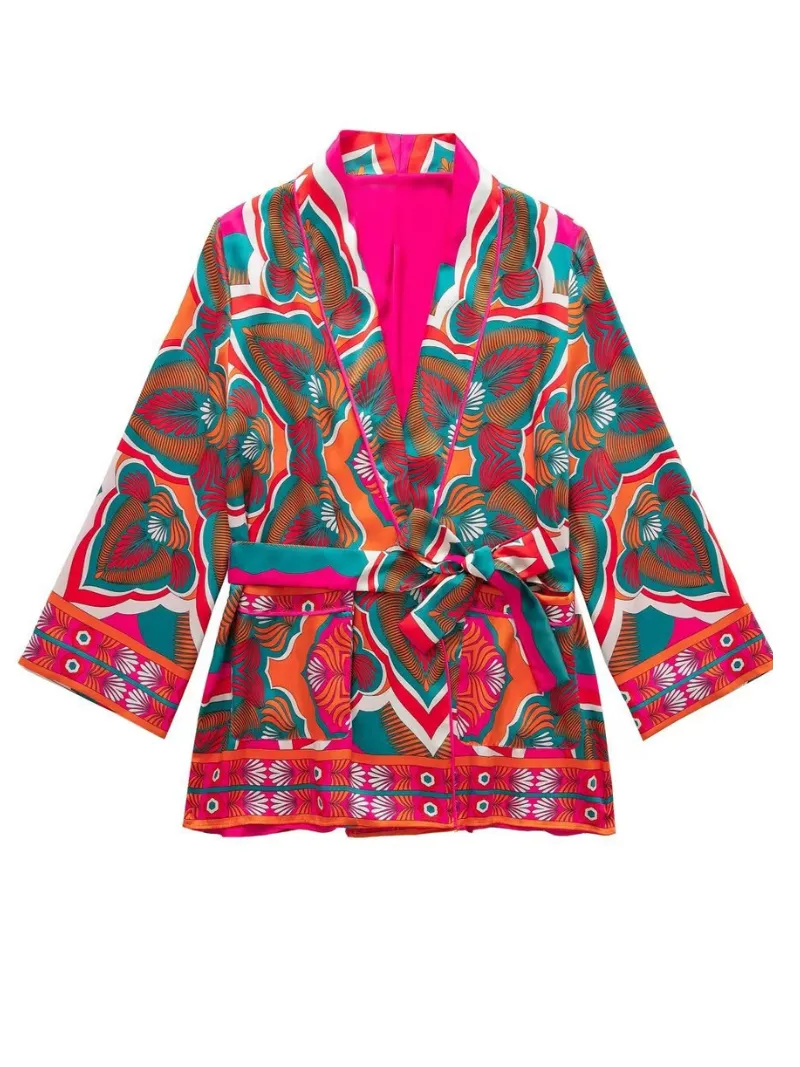 women's autumn belted printed short kimono jacket dress