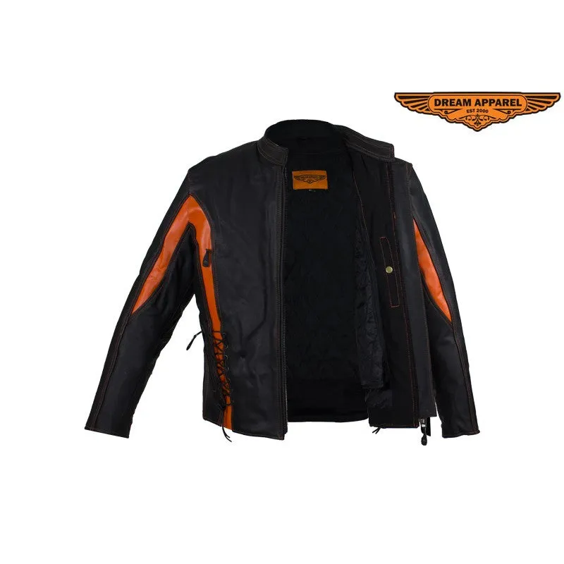 Women's Black and Orange Leather Racer Jacket With Laces