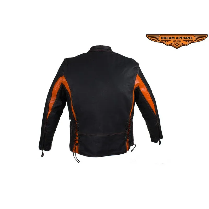 Women's Black and Orange Leather Racer Jacket With Laces