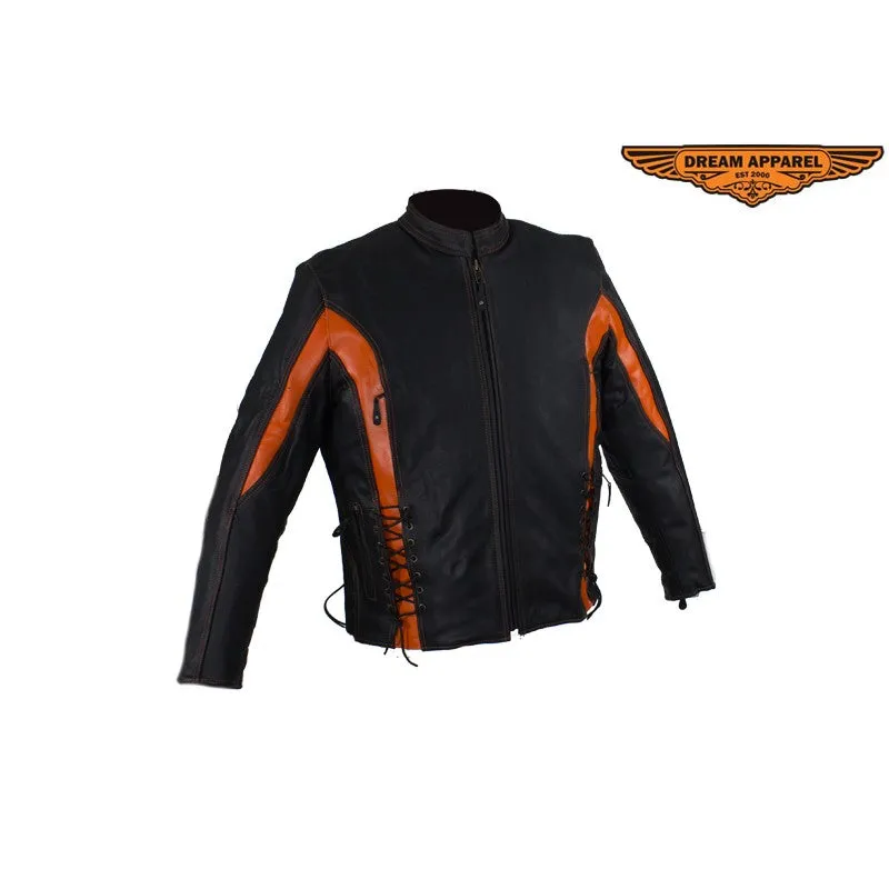 Women's Black and Orange Leather Racer Jacket With Laces