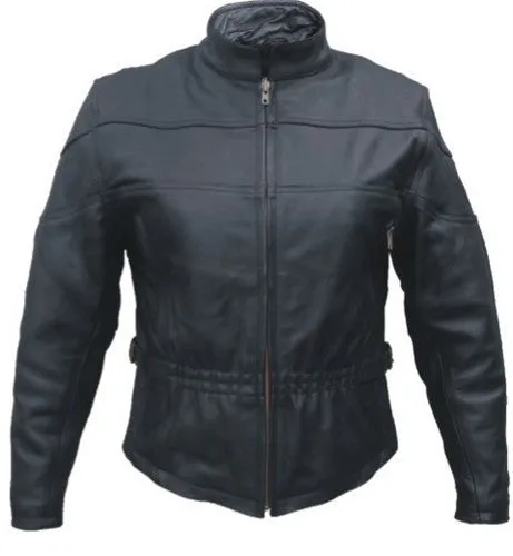 Women's Black Buffalo Leather Motorcycle Jacket Elastic Front and Back