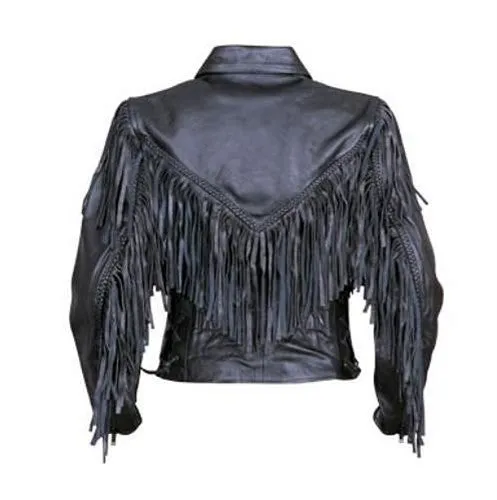 Women's Black Leather Motorcycle Jacket with Fringe Braid and Laces