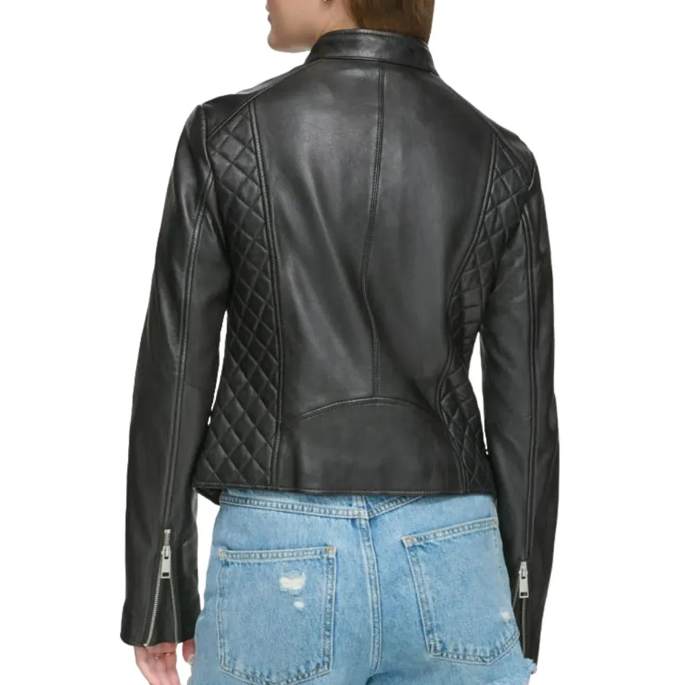 Womens Black Quilted Leather Moto Jacket