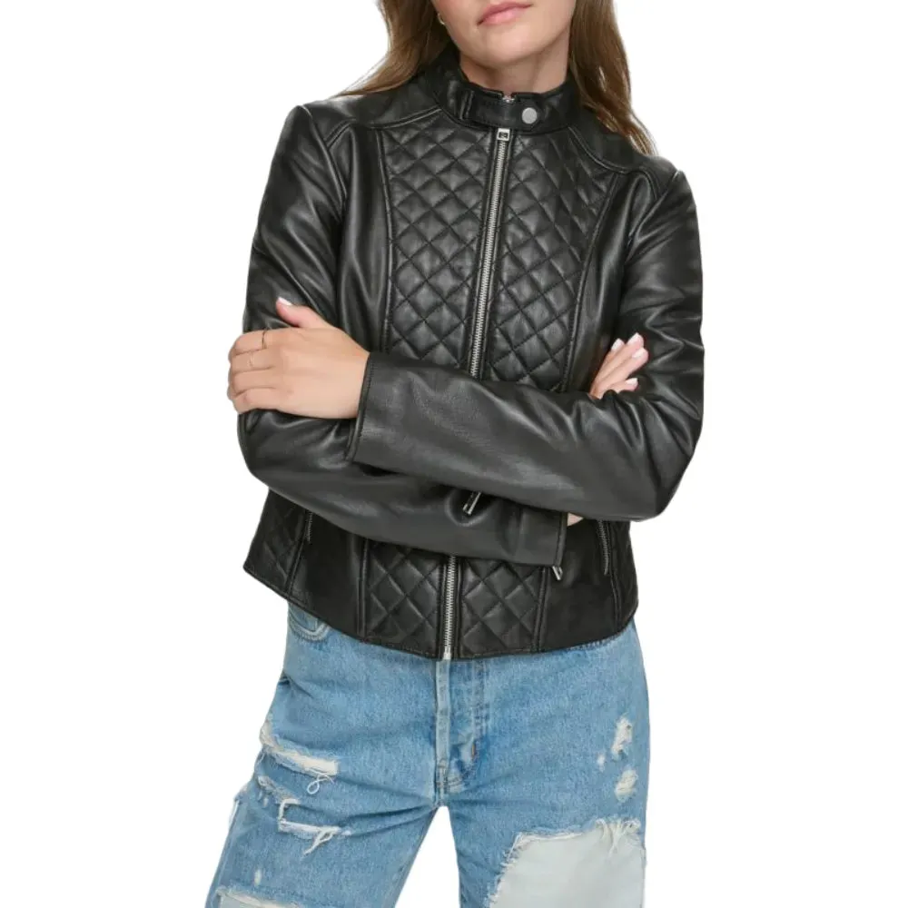 Womens Black Quilted Leather Moto Jacket