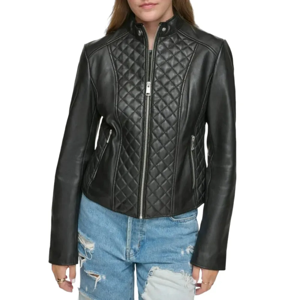 Womens Black Quilted Leather Moto Jacket