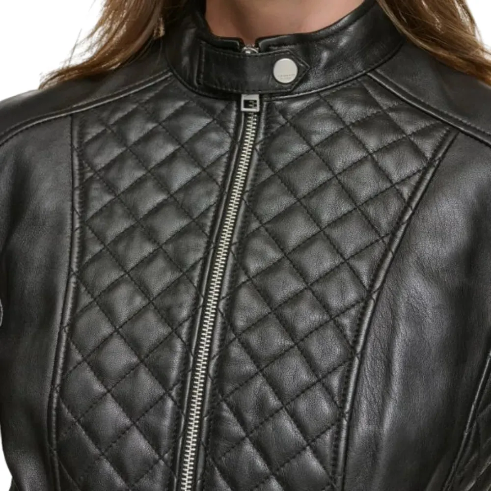 Womens Black Quilted Leather Moto Jacket