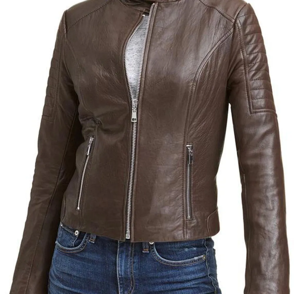 Womens Quilted Sleeves Brown Leather Jacket