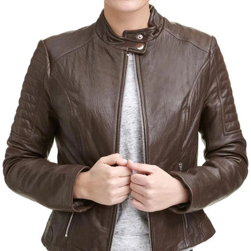 Womens Quilted Sleeves Brown Leather Jacket