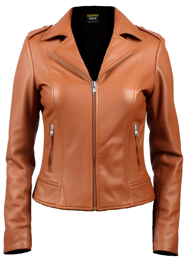 Women's Tan Biker Leather Jacket