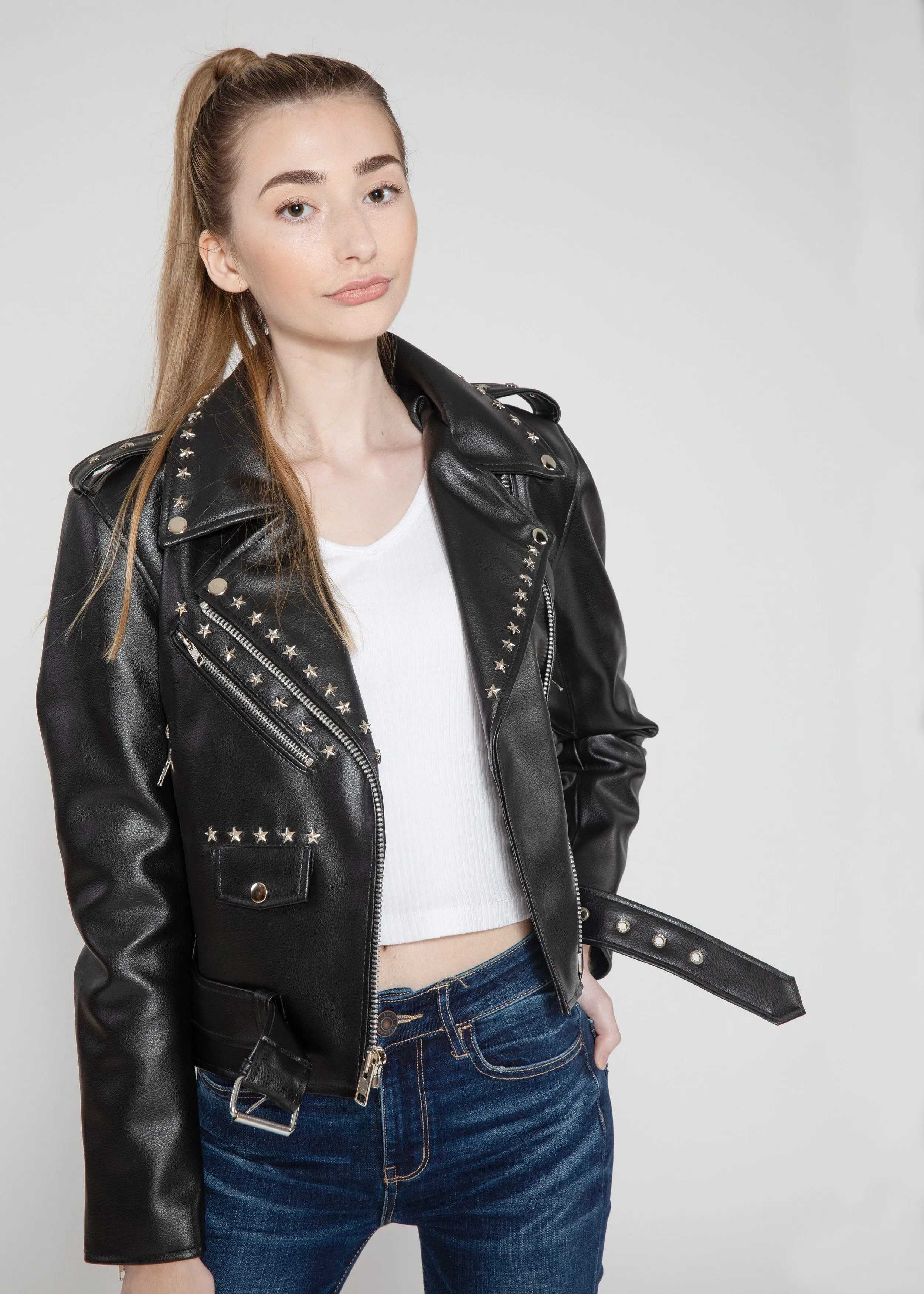 Women's Vegan Star Studded Black Moto Style Faux Leather Jacket