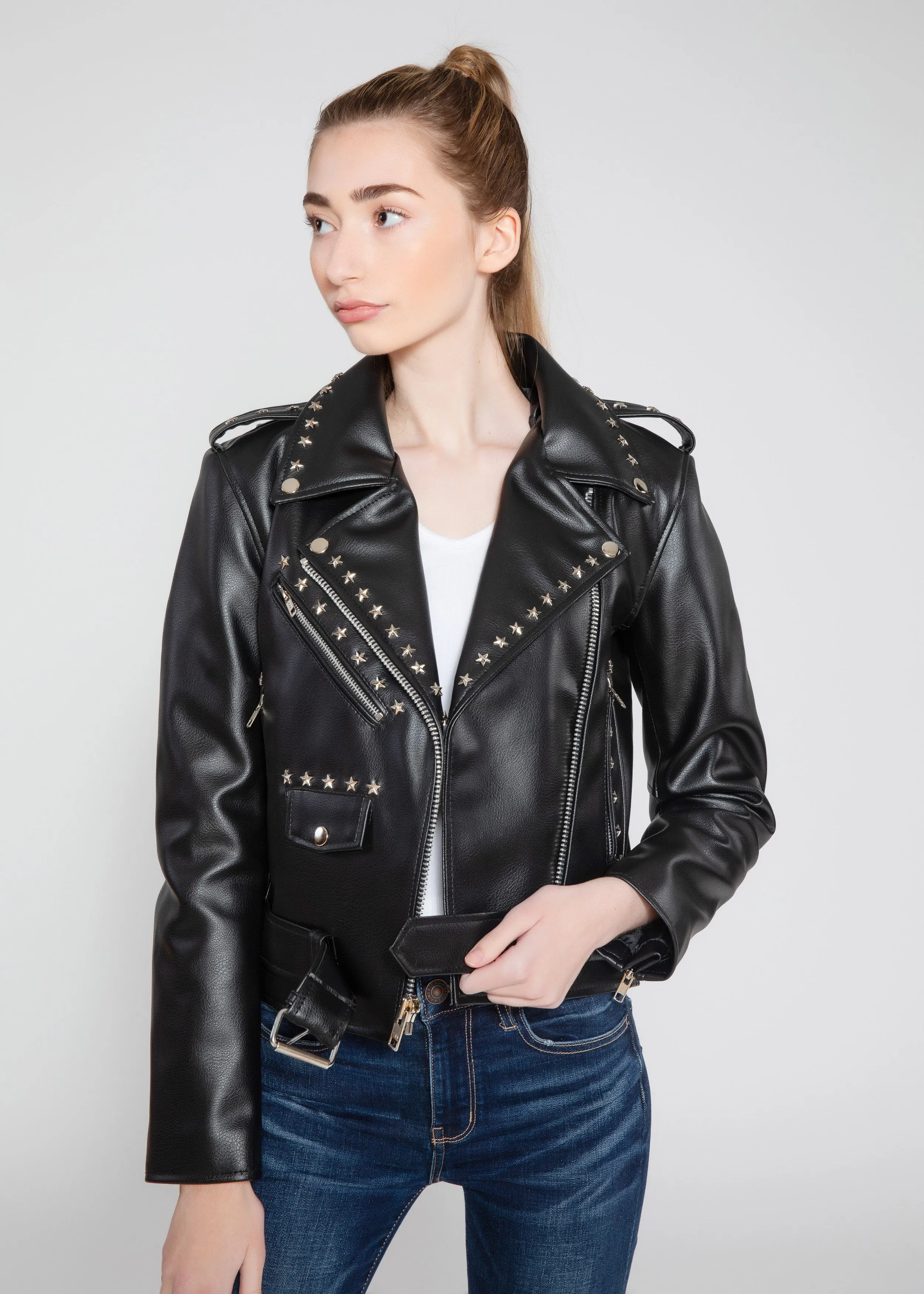 Women's Vegan Star Studded Black Moto Style Faux Leather Jacket