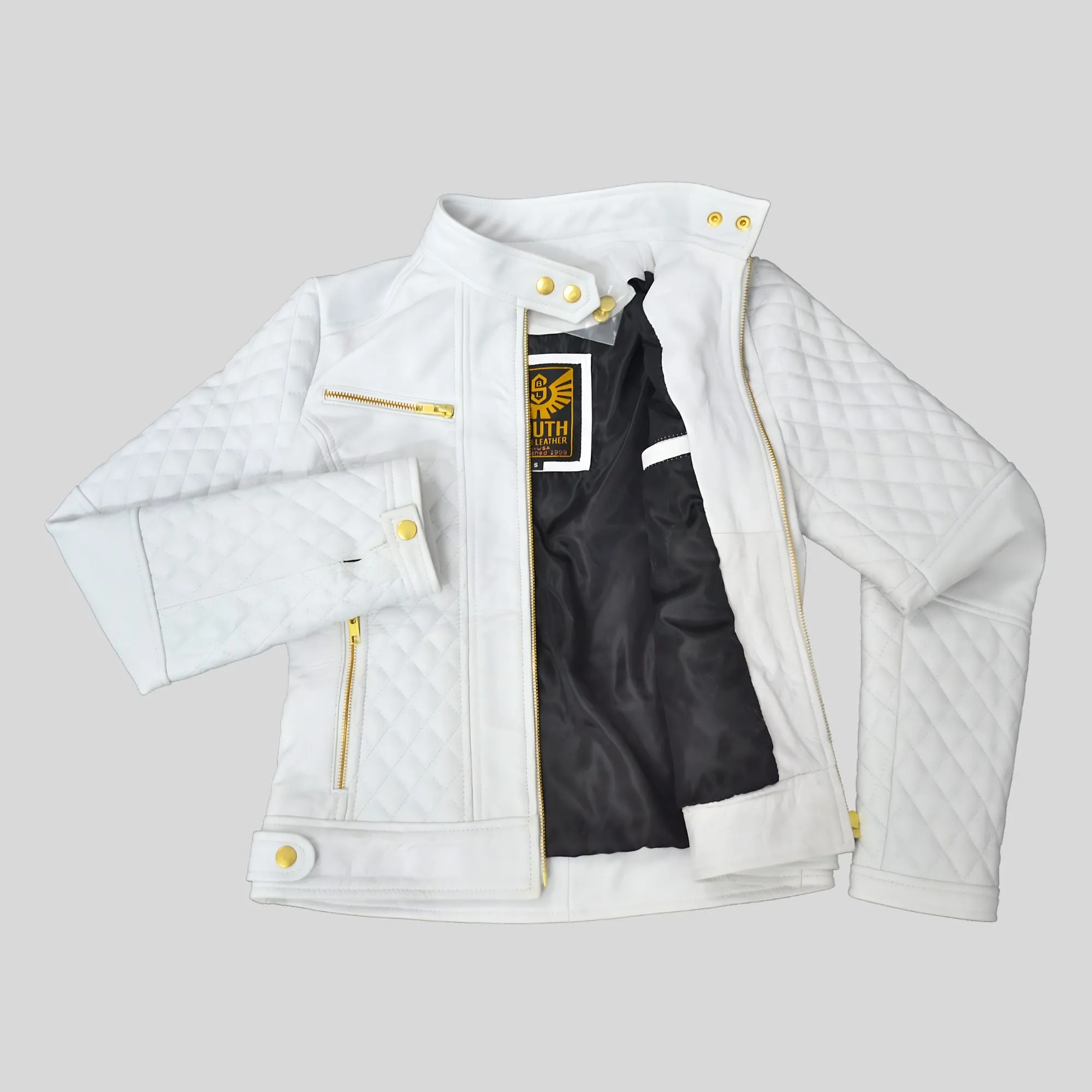 Women's White Quilted Golden Hardware Cafe Racer Genuine Leather Jacket