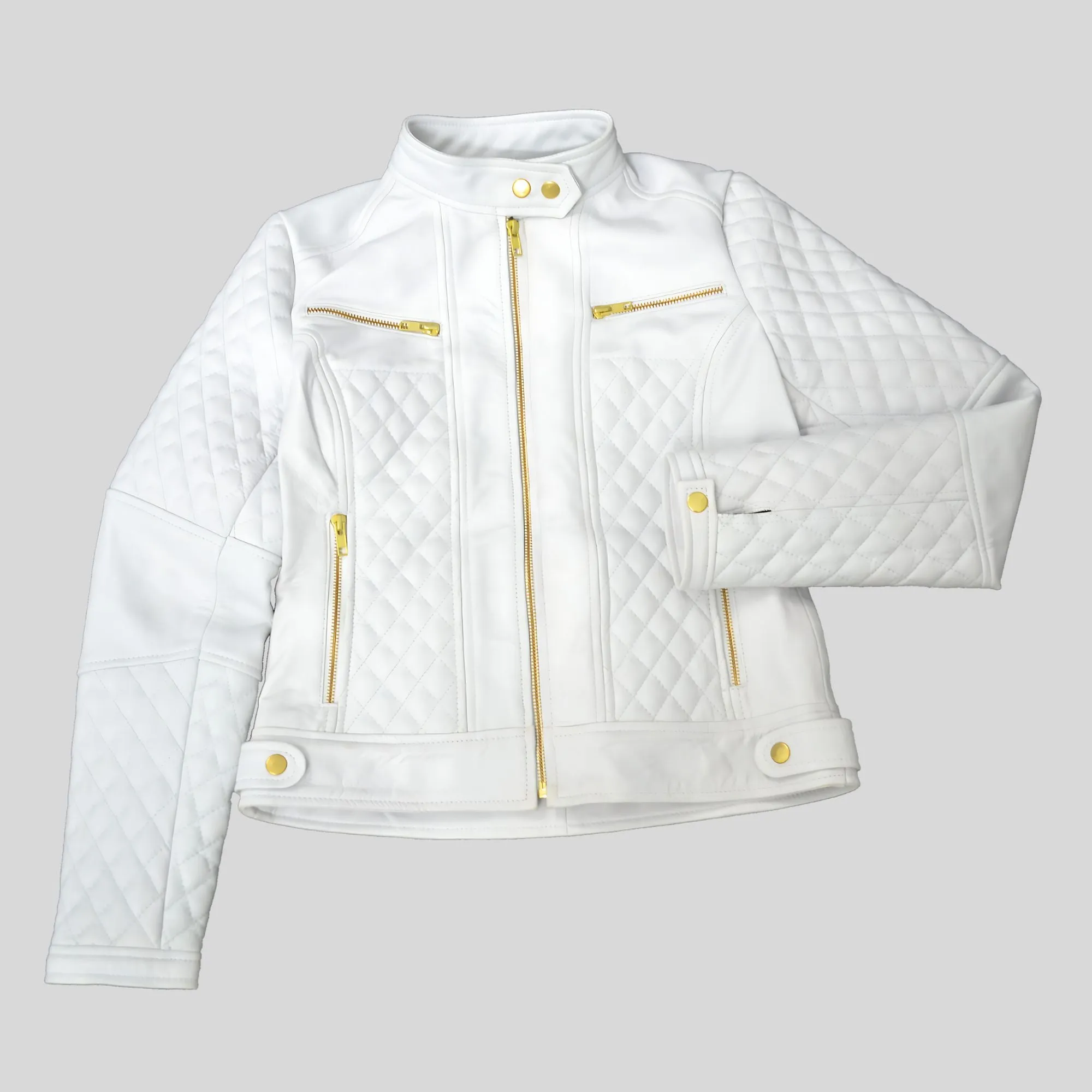 Women's White Quilted Golden Hardware Cafe Racer Genuine Leather Jacket