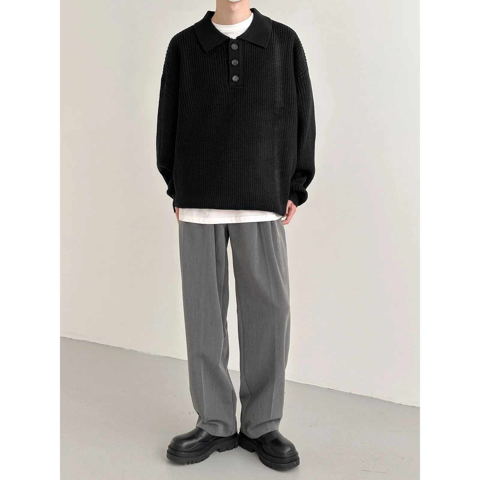 Zhou Buttoned Long Sleeve Knitted Polo